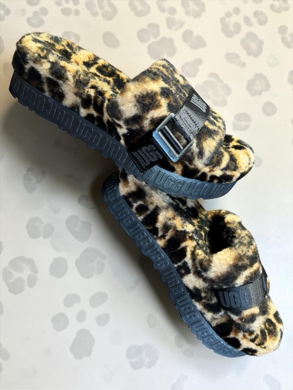 UGG Fluffita Panther Print Slipper Platform Slides Leopard Size 9